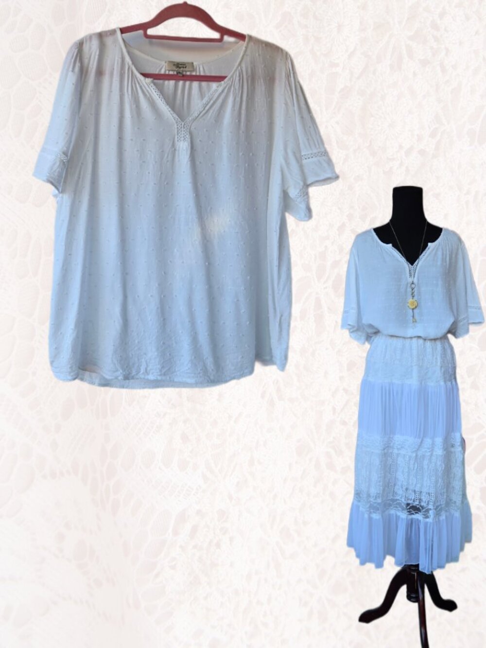 Beacon Apparel Swiss Dot White Blouse Rayon Cottagecore Boho Top Sz XL